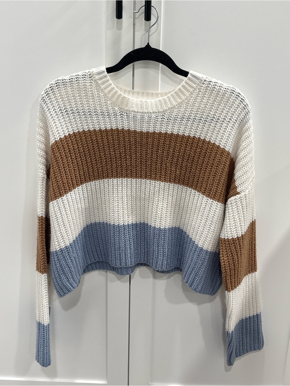 moon & madison Striped Crewneck Sweater - White, Brown & Blue